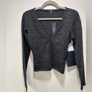 Lulu's Black Sparkle V-Neck Long Sleeve Top